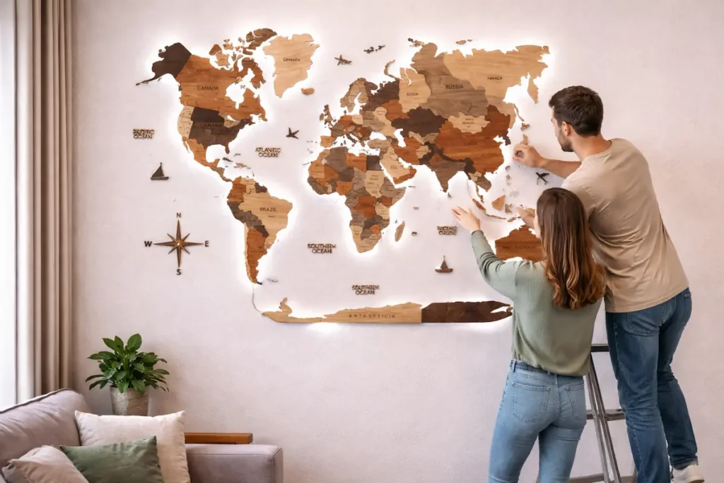 3d-led-wooden-world-map-installation-context - Modern Wall Art Guides Installing a 3D LED wooden world map on a living room wall showing scale and placement