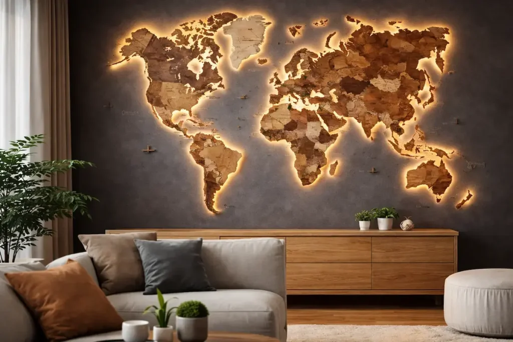 3d-led-wooden-world-map-living-room-back-wall - Modern Wall Art Guides 3D LED wooden world map mounted on the main back wall of a modern living room, showing layered depth and soft LED backlighting behind the map