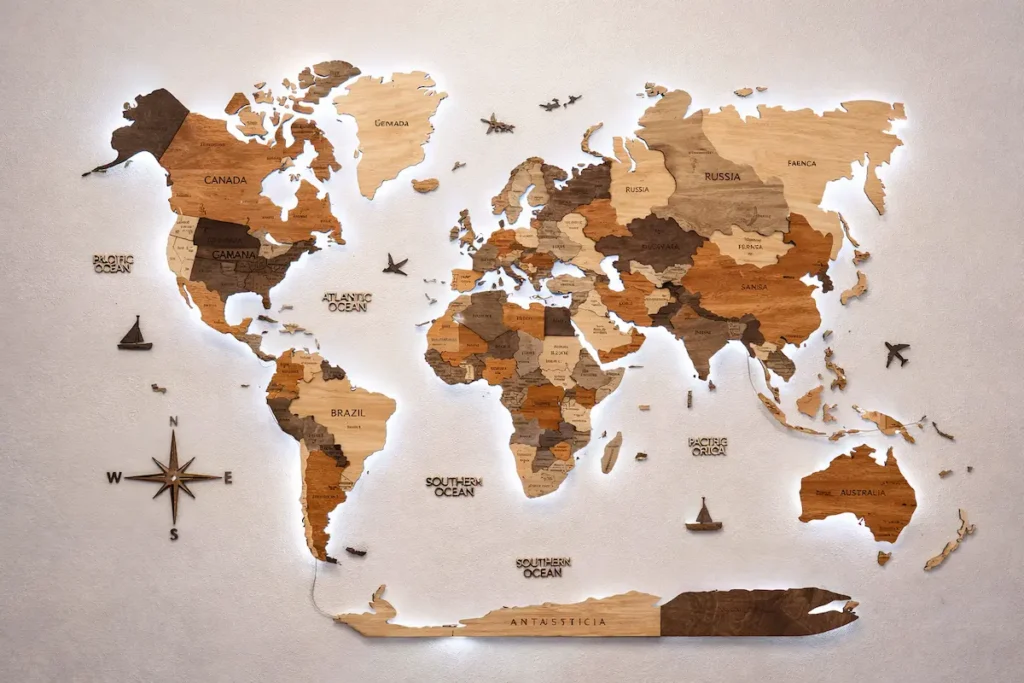 3d-led-wooden-world-map-wall-installation - Modern Wall Art Guides 3D LED wooden world map wall art with multicolored wood tones and soft ambient backlighting on a feature wall