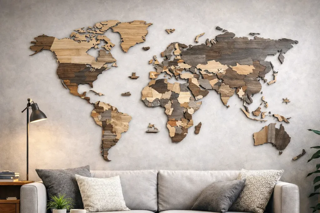 3d-wooden-world-map-smokey-modern-living-room - Modern Wall Art Guides 3D wooden world map wall art in a modern living room with neutral tones