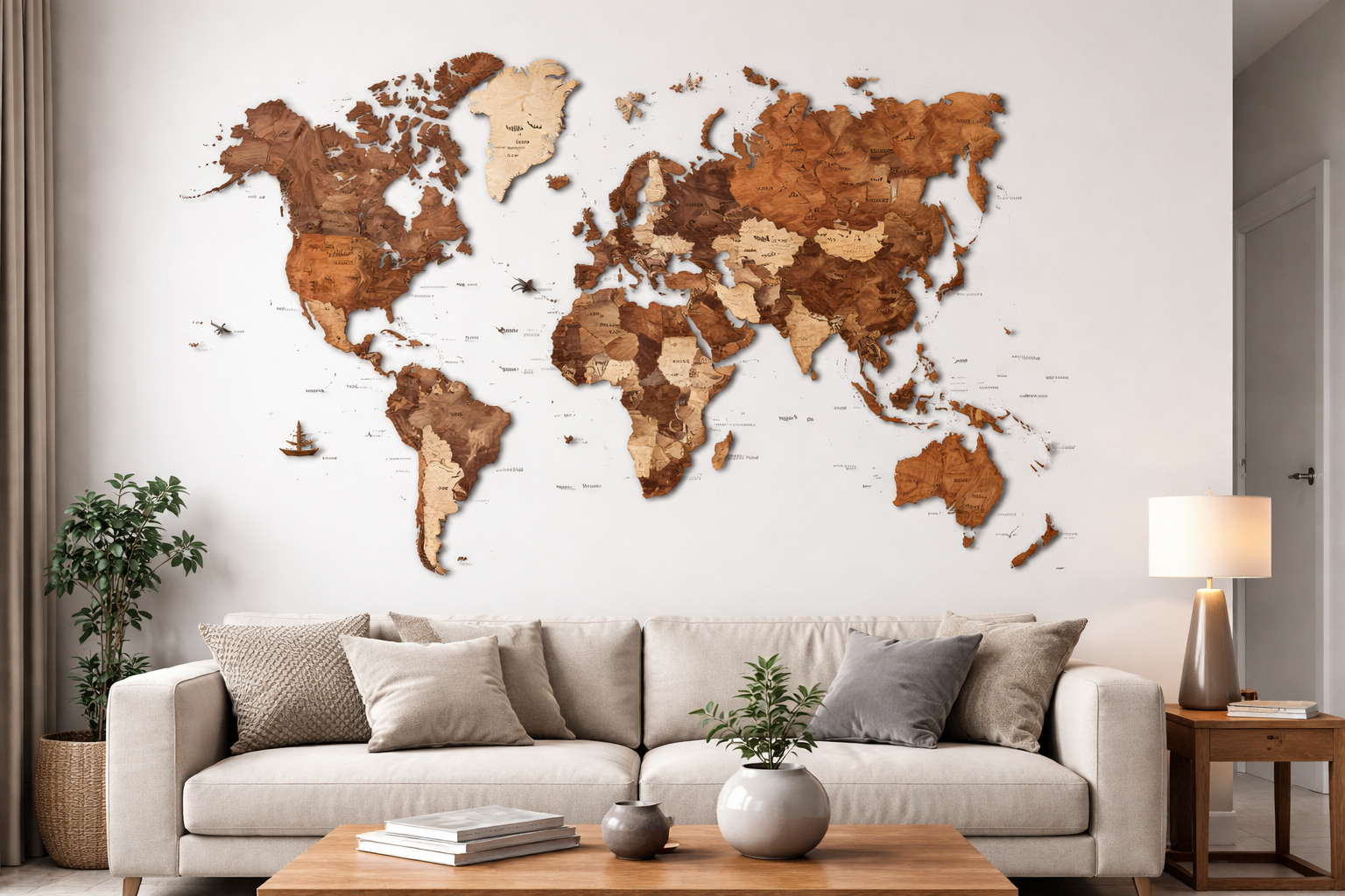 3d-wooden-world-map-wall-art-hero - Modern Wall Art Guides 3D wooden world map wall art mounted in a modern living room