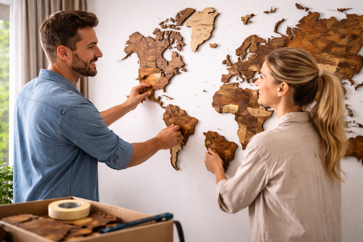 Wooden-wall-map-installation-and-scale - Modern Wall Art Guides Installing a wooden wall map showing scale and placement on a living room wall