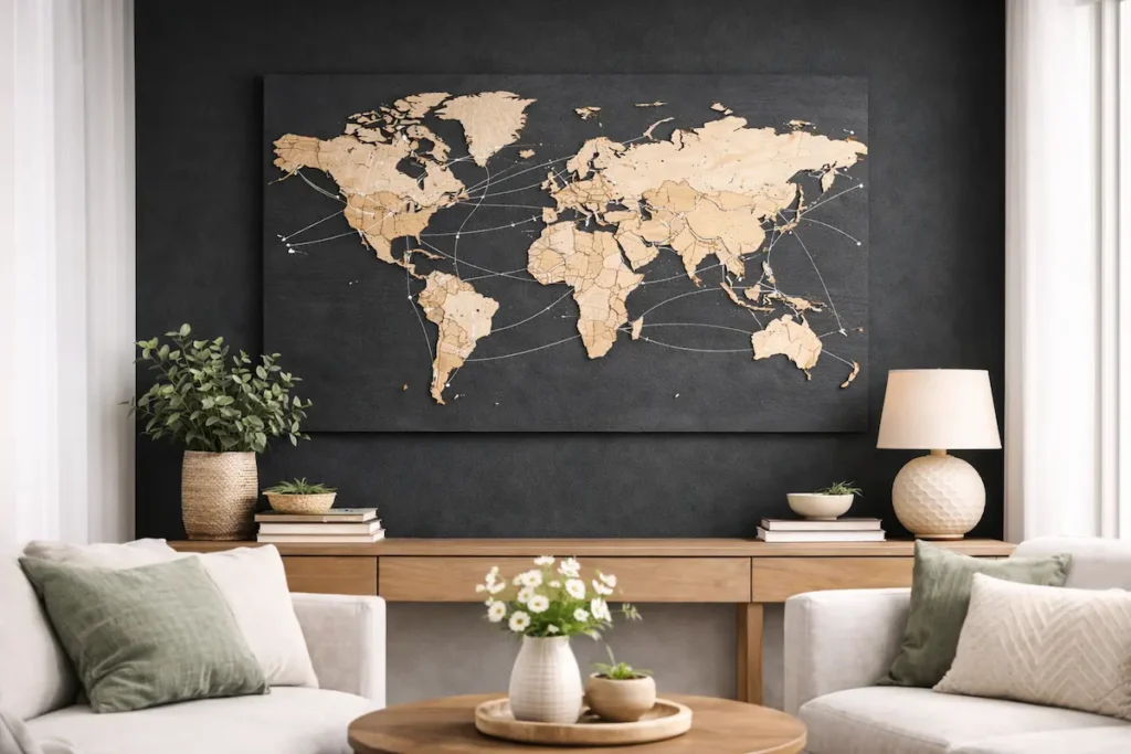 birch-world-wooden-wall-map-charcoal-wall - Modern Wall Art Guides Birch wooden world wall map displayed on a dark charcoal feature wall in a modern living room