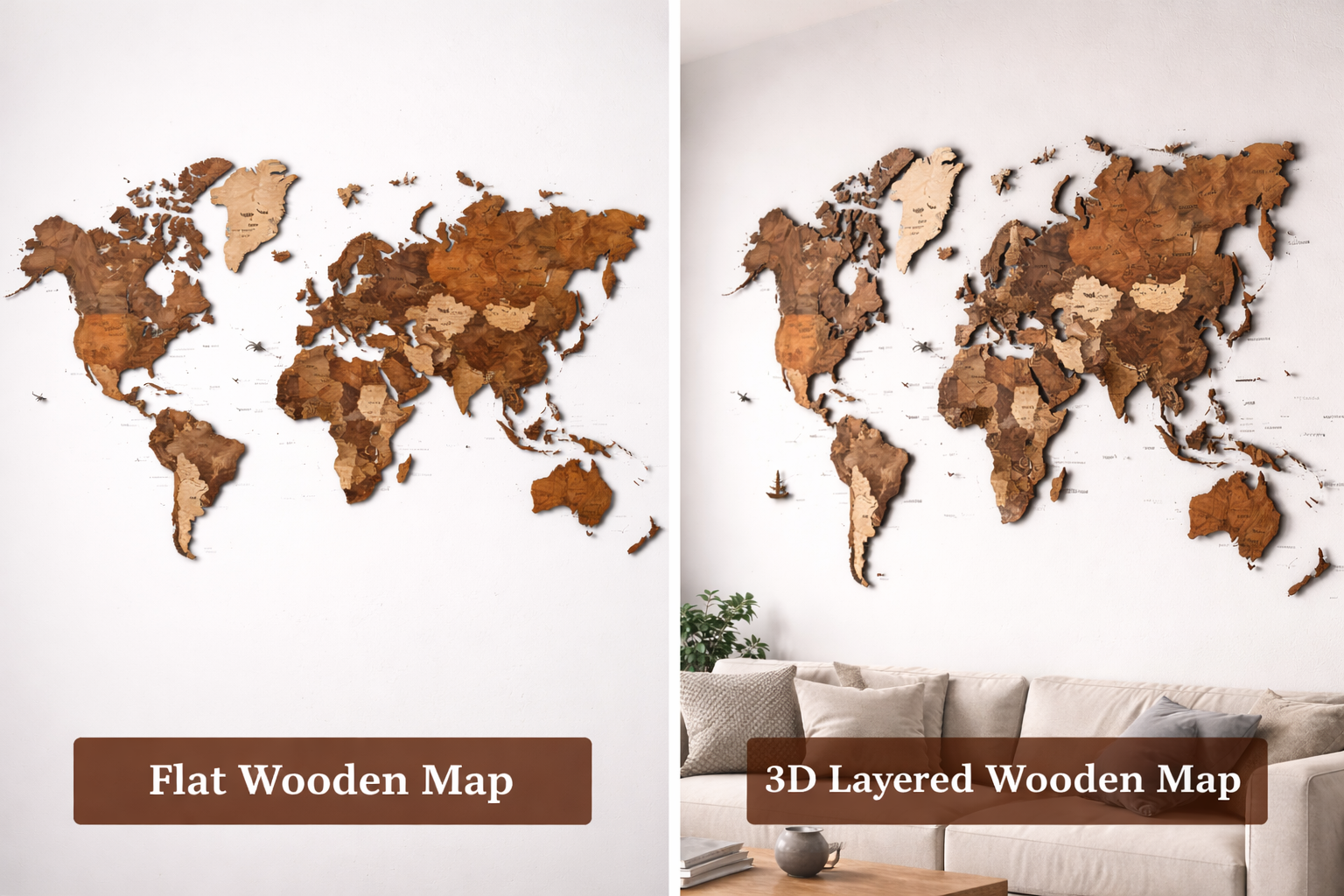 flat-vs-3d-wooden-wall-map-comparison - Modern Wall Art Guides Flat wooden wall map compared with a 3D layered wooden wall map