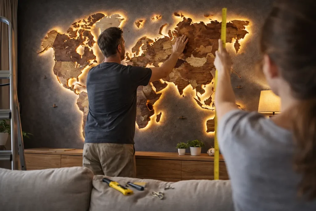 installing-3d-led-wooden-wall-map-living-room - Modern Wall Art Guides Installing a 3D LED wooden wall map on the main living room wall, showing spacing, alignment, and real-world wall placement.