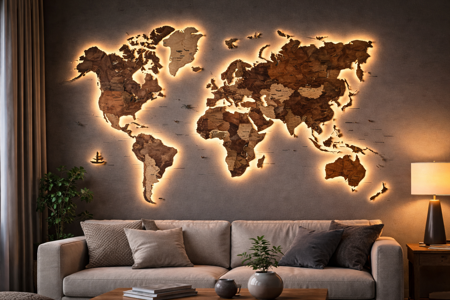 led-3d-wooden-world-map-wall-art - Modern Wall Art Guides LED backlit 3D wooden world map wall art in a modern living room