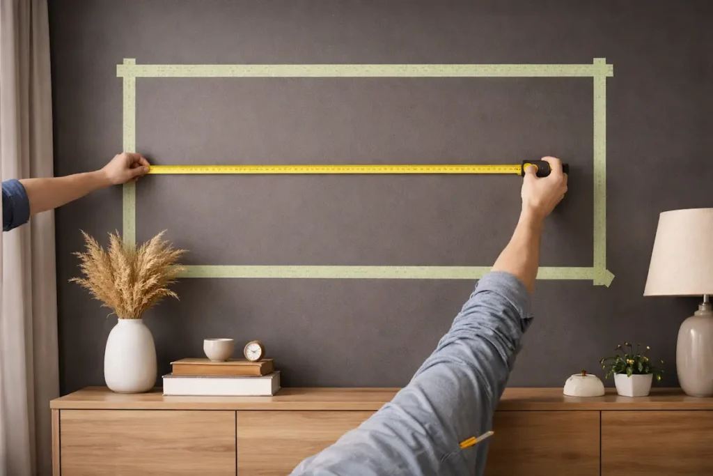 measuring-wall-space-for-wooden-wall-map - Modern Wall Art Guides Wooden world wall map correctly sized and placed above a console in a modern living room.