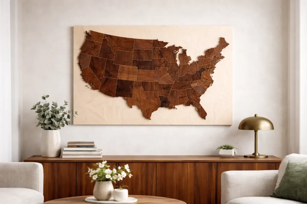 walnut-usa-wooden-wall-map-light-wall - Modern Wall Art Guides Walnut wooden USA wall map used as a bold focal point on a light-colored wall