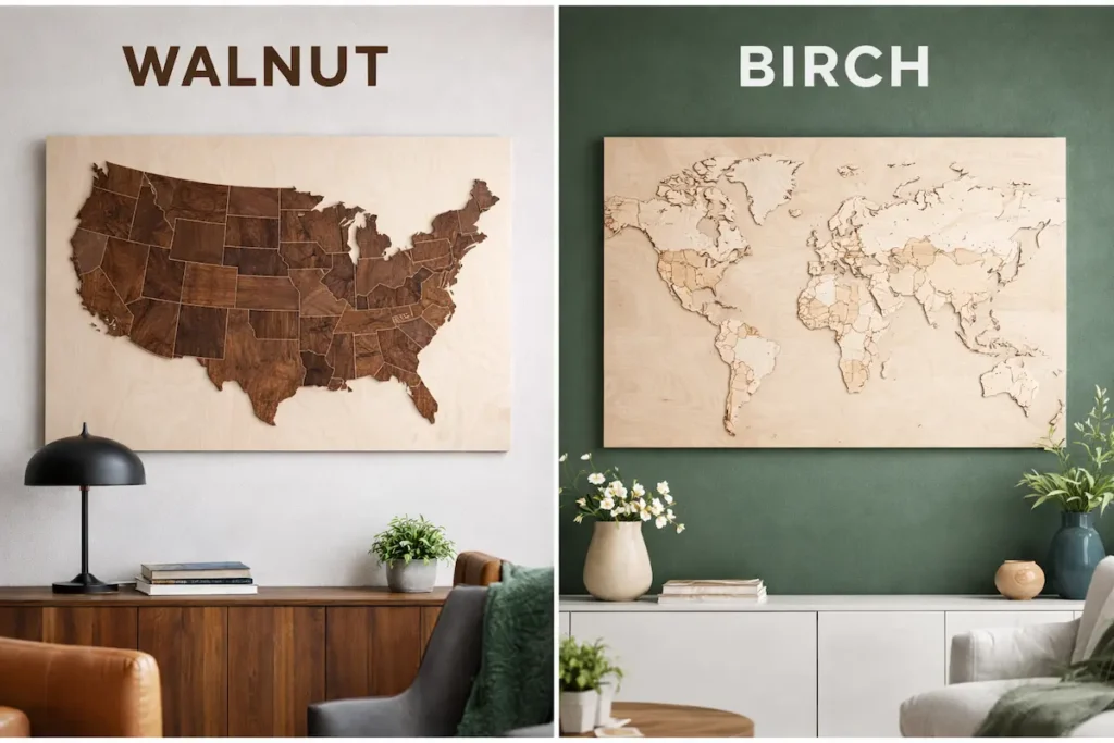 walnut-vs-birch-wooden-wall-map-comparison - Modern Wall Art Guides Walnut vs Birch wooden wall maps showing dark and light wood finishes in modern interiors