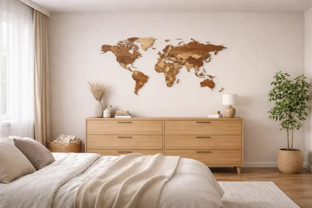 wooden-wall-map-bedroom-placement - Modern Wall Art Guides Wooden wall map mounted above a dresser in a calm modern bedroom showing suitable bedroom.