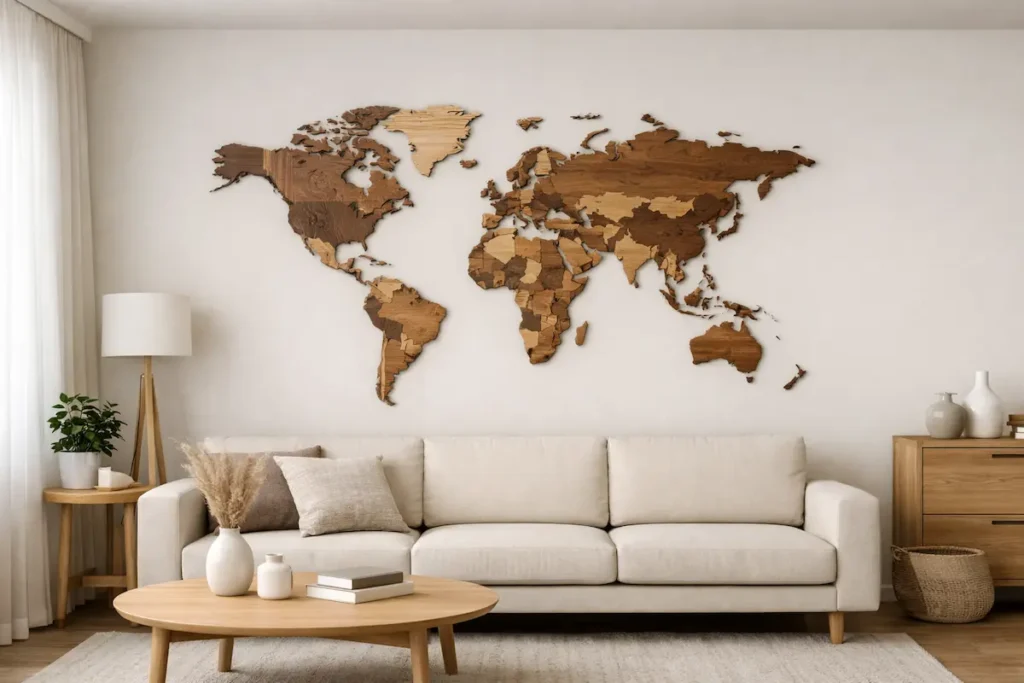 wooden-wall-map-by-room-hero - Modern Wall Art Guides Wooden wall map displayed in a modern living room showing real room scale and placement.