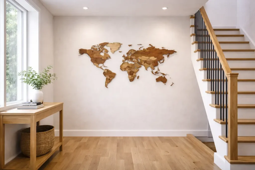 wooden-wall-map-hallway-stair-wall - Modern Wall Art Guides Wooden wall map installed on a hallway stair wall showing compact and subtle placement.