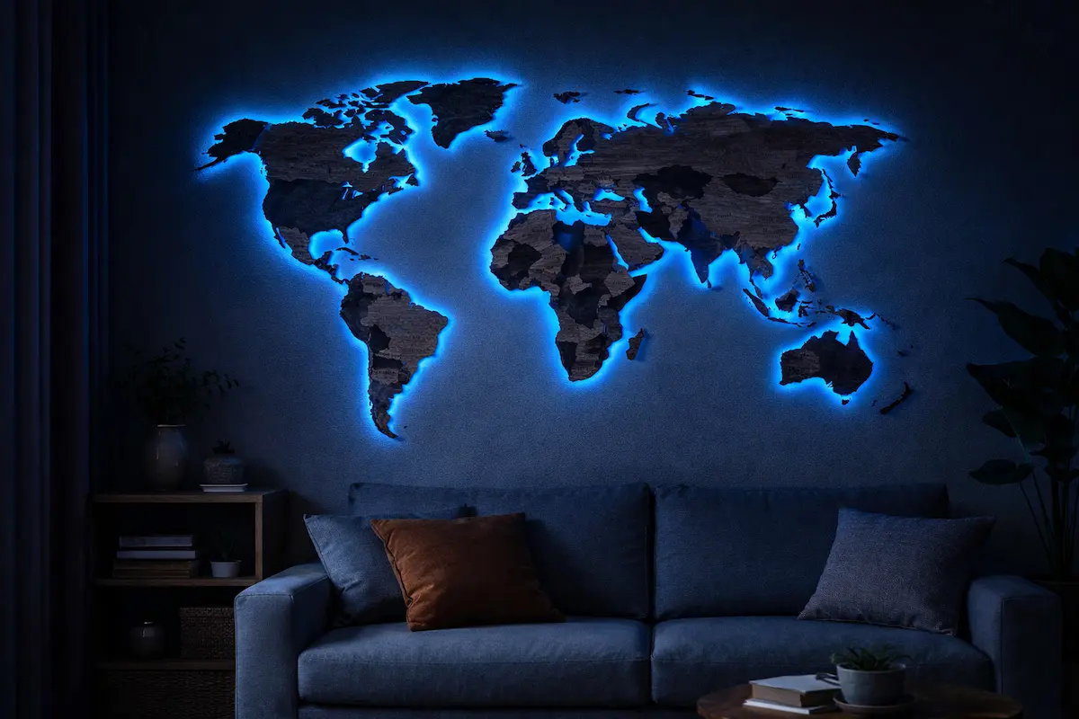 wooden-wall-map-home-interior-wall-artwebp - Modern Wall Art Guides Wooden world map wall art displayed in a modern home interior