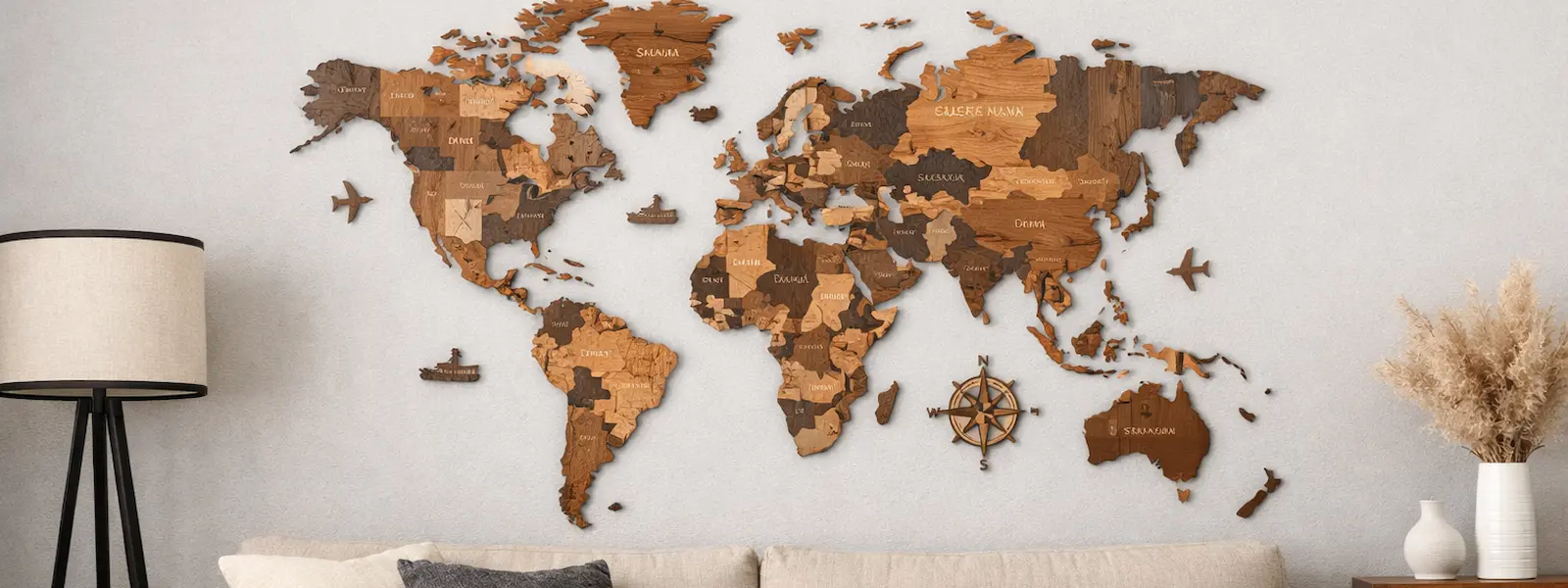 wooden-wall-map-modern-living-room-bannerwebp - Modern Wall Art Guides Modern wooden world map wall art displayed in a contemporary living room