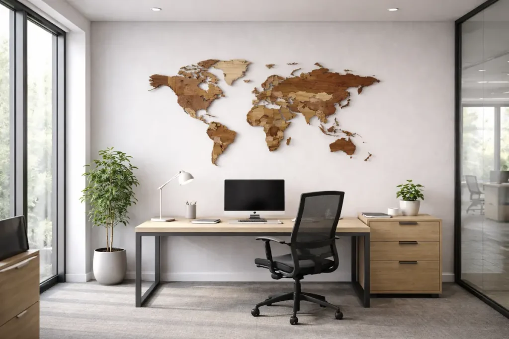 wooden-wall-map-office-placement - Modern Wall Art Guides Wooden wall map mounted behind a desk in a modern office showing clear and professional placement.