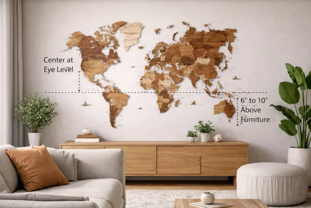 wooden-wall-map-placement-eye-level-spacing - Modern Wall Art Guides Wooden world wall map placed at eye level above furniture showing correct spacing and height.