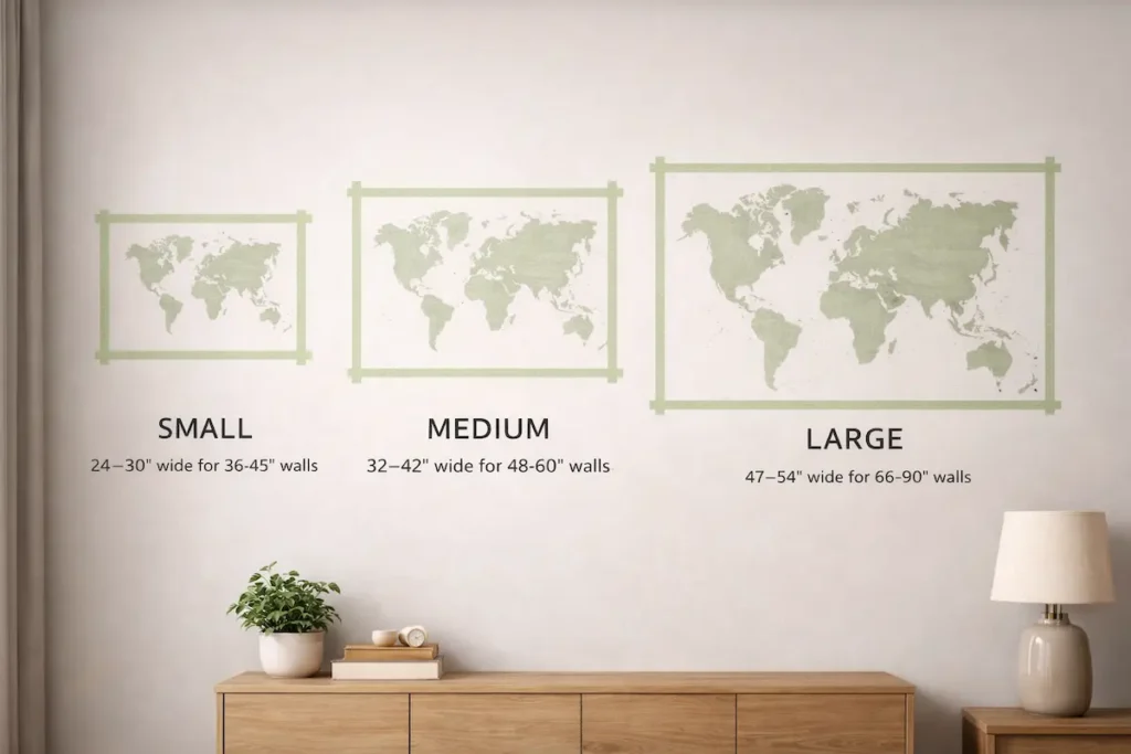 wooden-wall-map-size-comparison-small-medium-large - Modern Wall Art Guides Wooden wall map size comparison showing small, medium, and large map outlines on a wall.