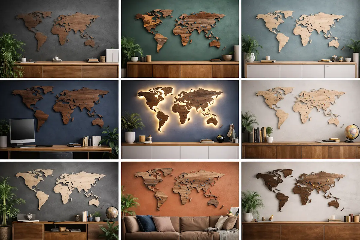 - Modern Wall Art Guides Comparison collage showing different wooden wall map styles including flat, 3D, LED backlit, light wood, dark wood, and pinned maps on contrasting wall colors.