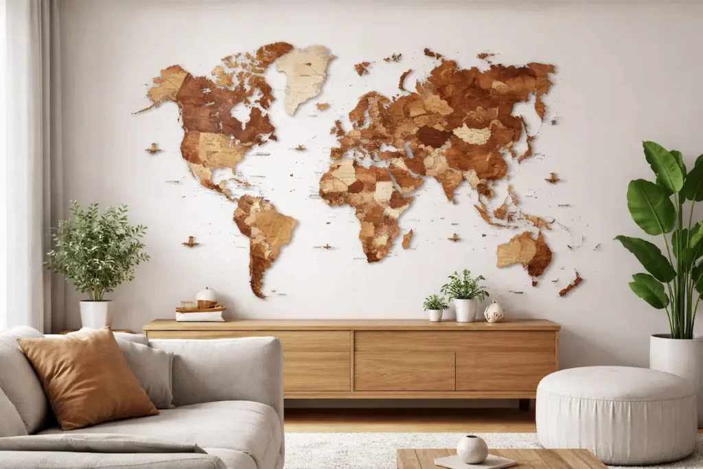 wooden-world-map-proper-sizing-and-placement - Modern Wall Art Guides Wooden world wall map correctly sized and placed above a console in a modern living room.