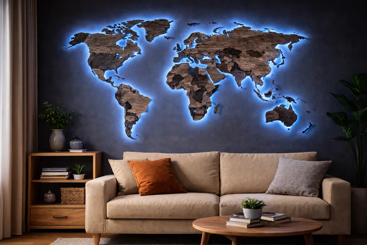 3D LED wooden world map wall art on a charcoal wall above a beige sofa with natural wood furniture in a modern living room