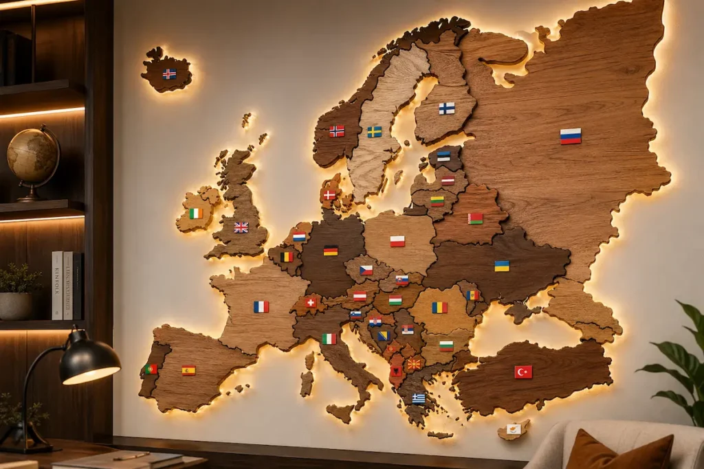 3D wooden map of Europe with LED backlighting and country flags displayed on a living room wall